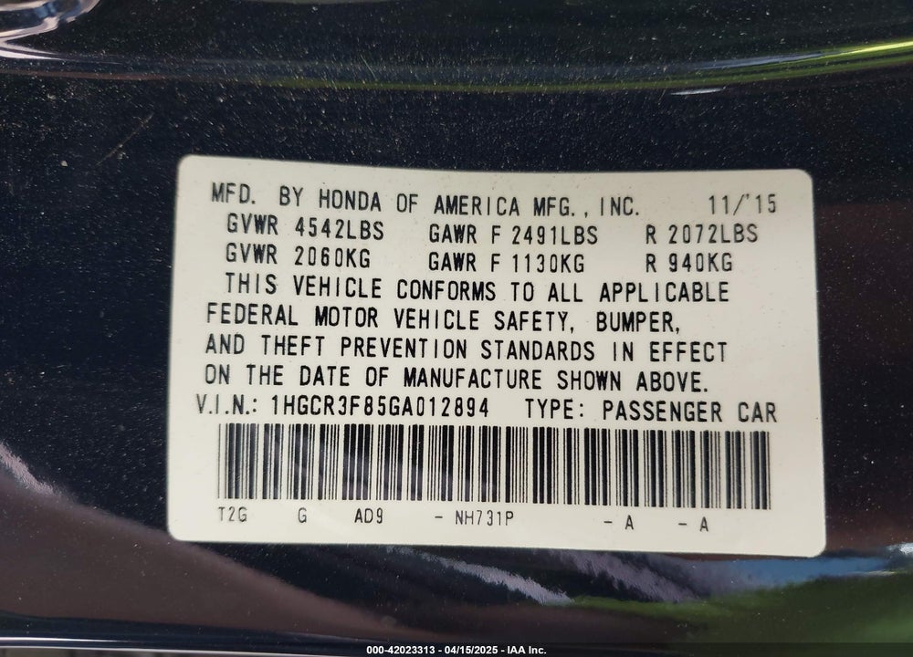 2016 HONDA ACCORD EX-L V-6 VIN: 1HGCR3F85GA012894