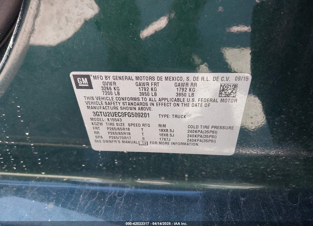 2015 GMC SIERRA 1500 VIN: 3GTU2UEC8FG509201