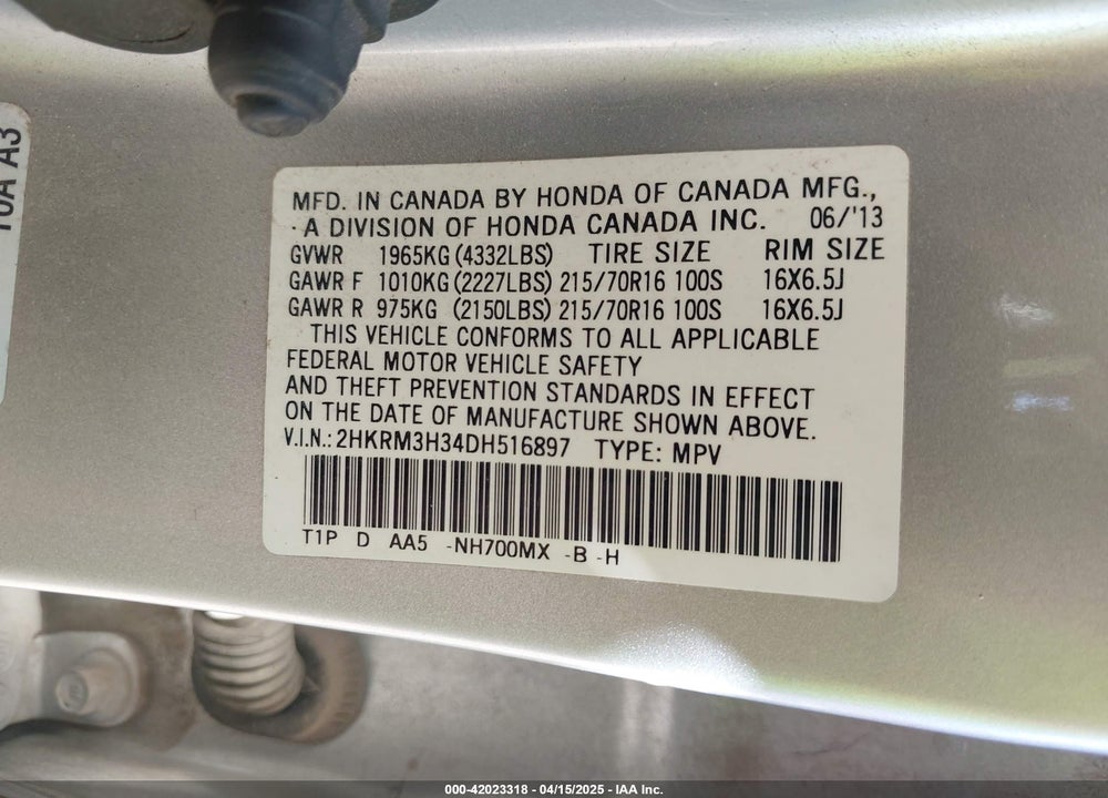 2013 HONDA CR-V VIN: 2HKRM3H34DH516897