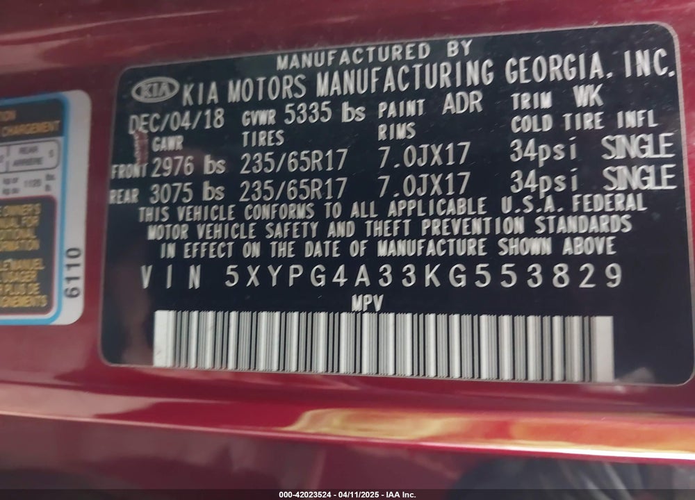 2019 KIA SORENTO VIN: 5XYPG4A33KG553829