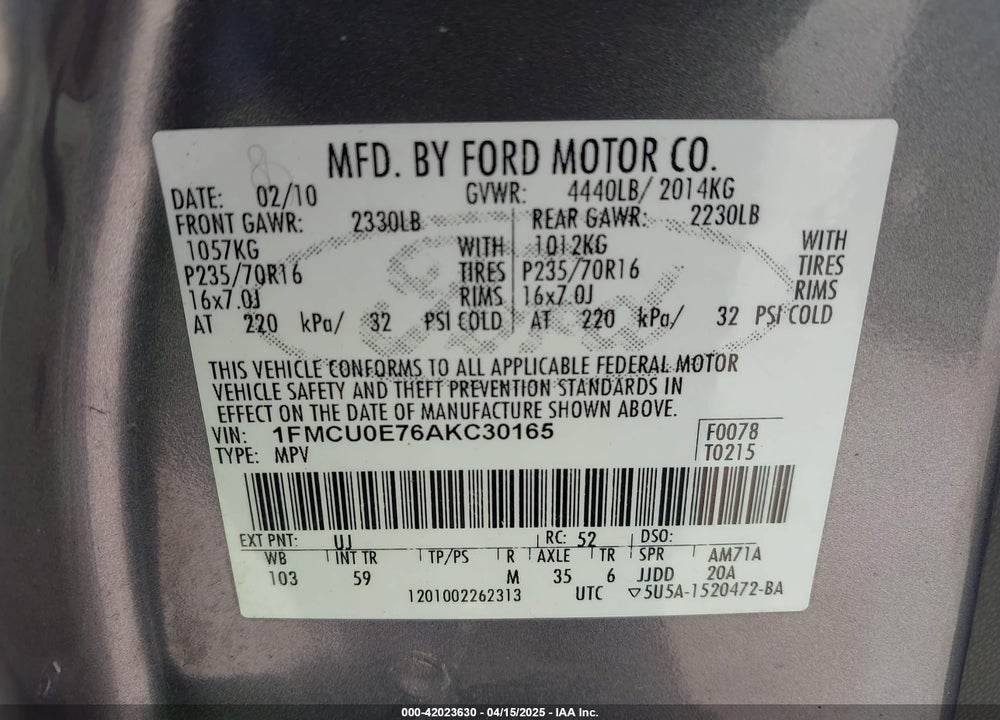 2010 FORD ESCAPE VIN: 1FMCU0E76AKC30165