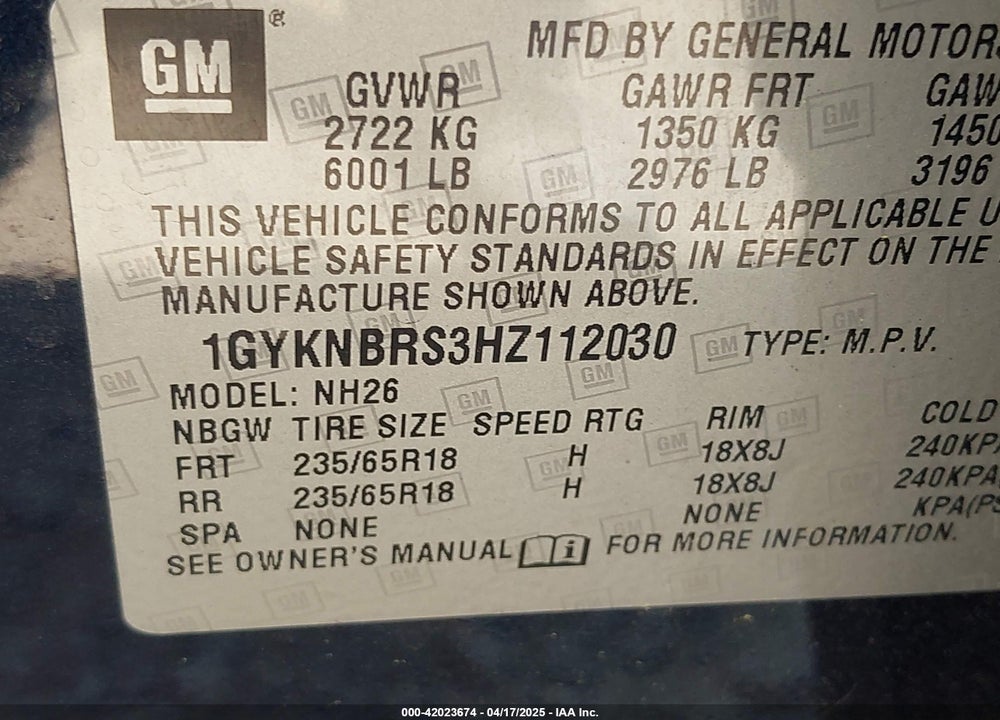 2017 CADILLAC XT5 VIN: 1GYKNBRS3HZ112030