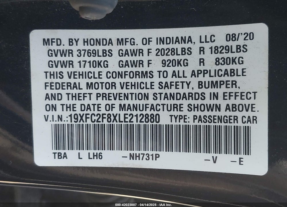2020 HONDA CIVIC VIN: 19XFC2F8XLE212880