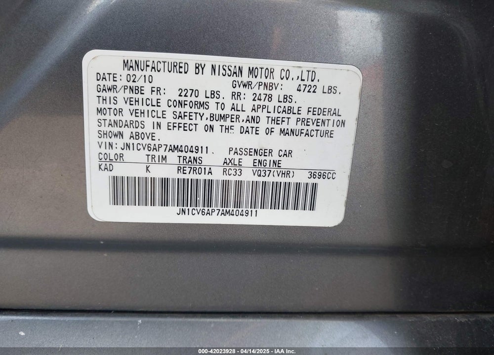 2010 INFINITI G37 VIN: JN1CV6AP7AM404911