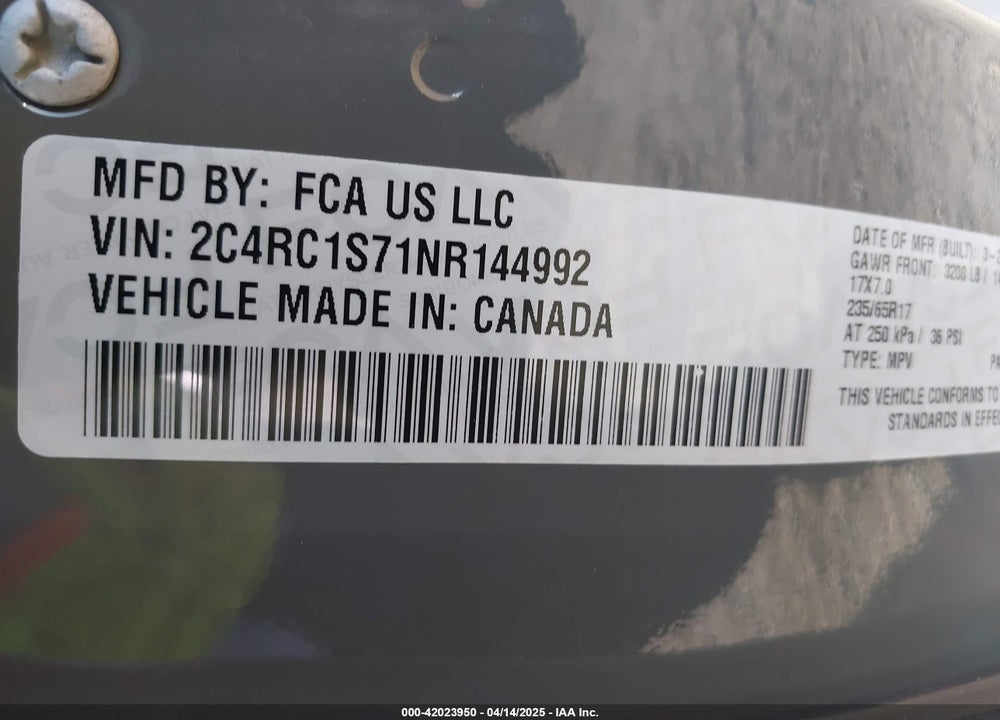 2022 CHRYSLER PACIFICA HYBRID LIMITED VIN: 2C4RC1S71NR144992