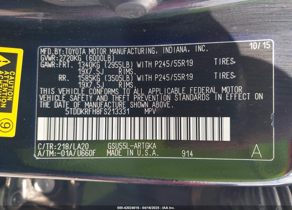 2015 TOYOTA HIGHLANDER VIN: 5TDDKRFH8FS213331
