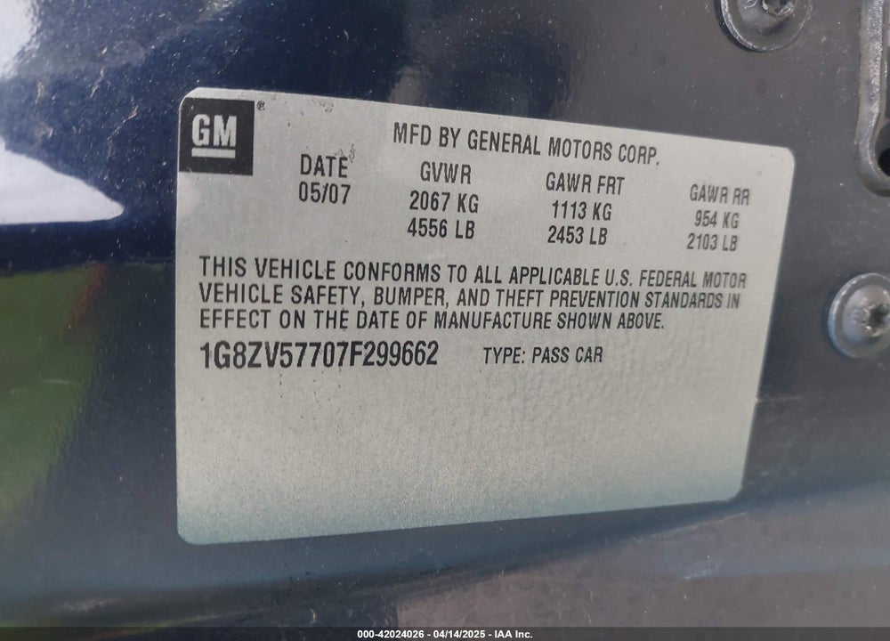 2007 SATURN AURA XR VIN: 1G8ZV57707F299662