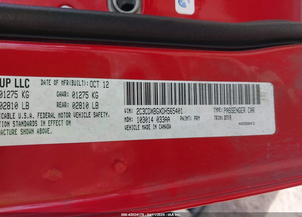 2013 DODGE CHARGER VIN: 2C3CDXBGXDH565401