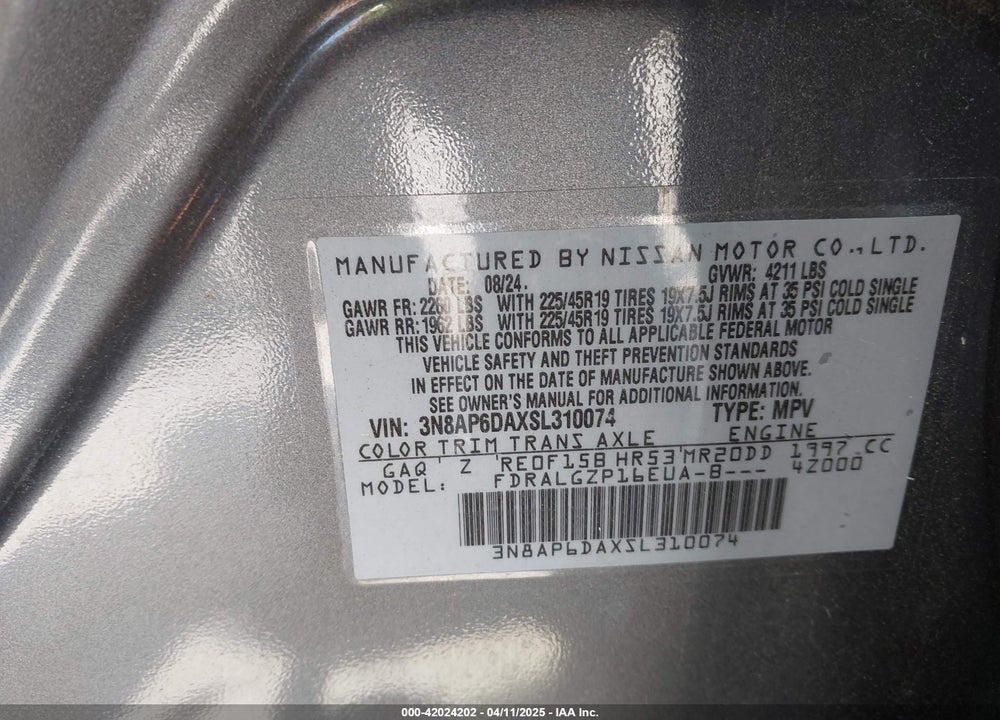 2025 NISSAN KICKS VIN: 3N8AP6DAXSL310074