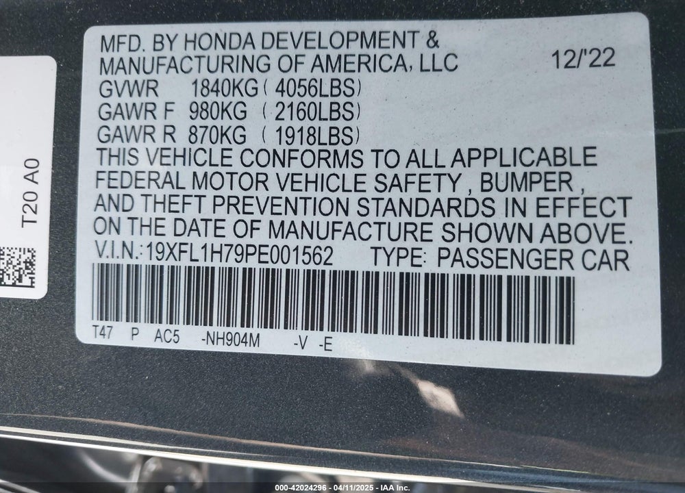 2023 HONDA CIVIC EX-L /EX-L W/O BSI VIN: 19XFL1H79PE001562