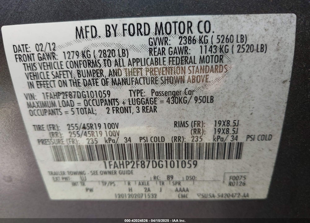 2013 FORD TAURUS VIN: 1FAHP2F87DG101059
