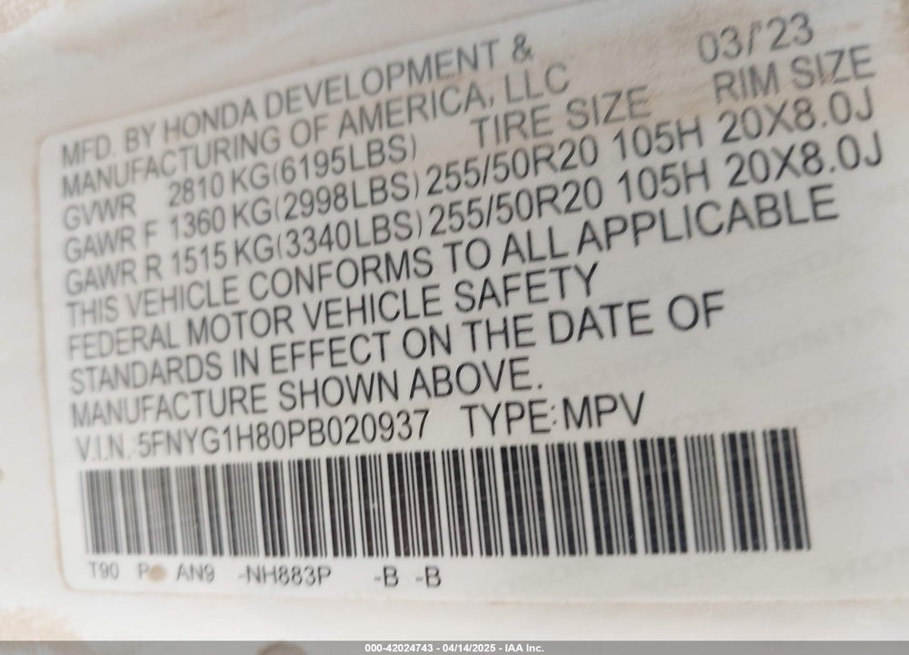 2023 HONDA PILOT AWD ELITE VIN: 5FNYG1H80PB020937