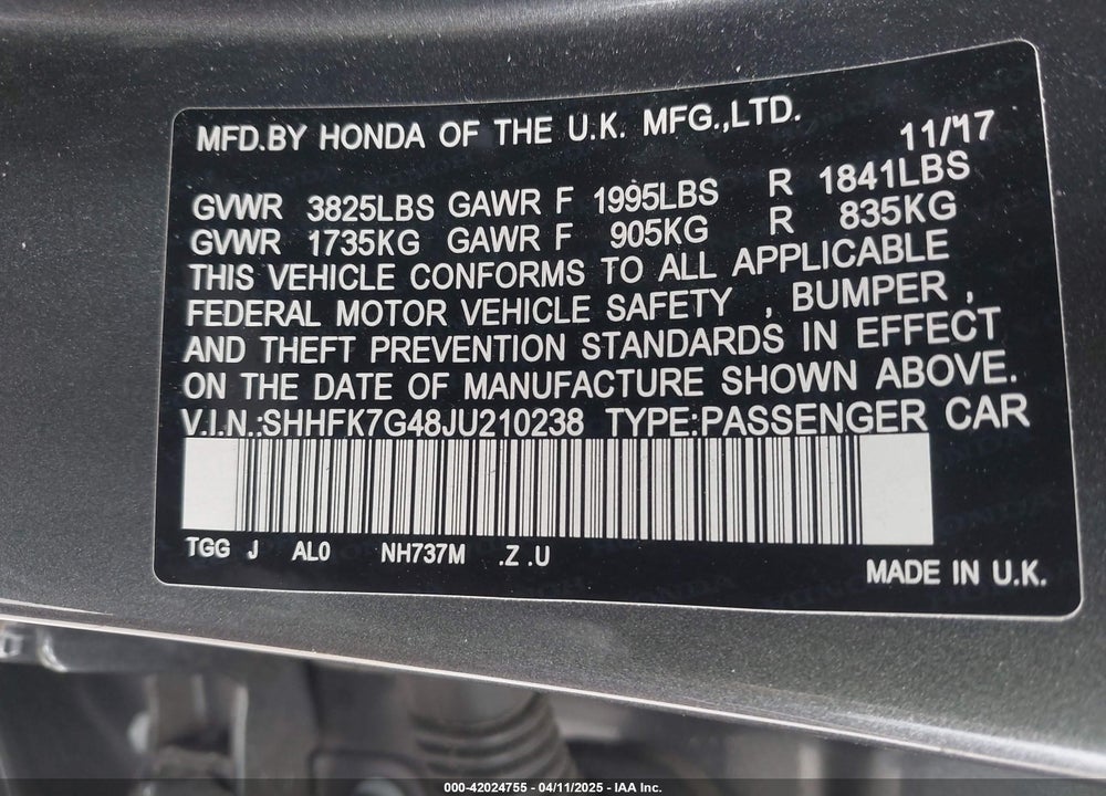 2018 HONDA CIVIC VIN: SHHFK7G48JU210238
