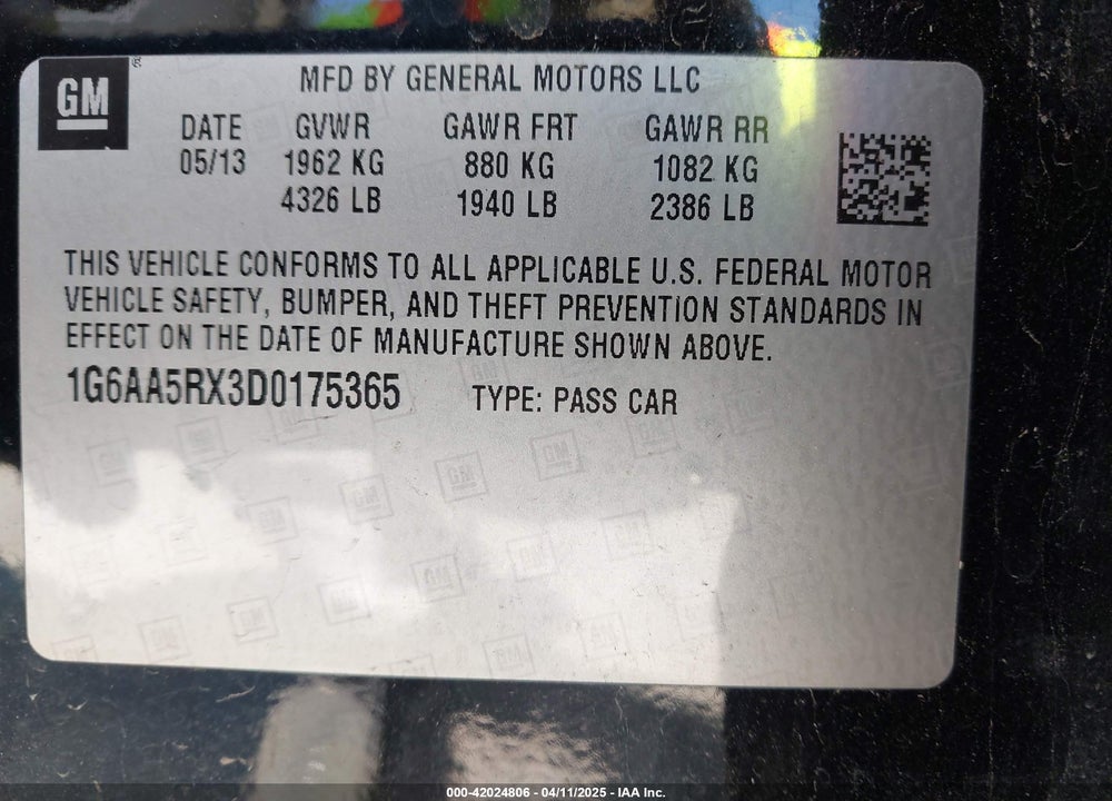 2013 CADILLAC ATS STANDARD VIN: 1G6AA5RX3D0175365