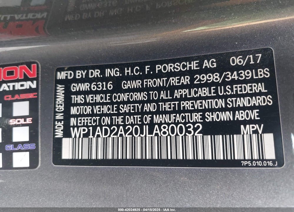 2018 PORSCHE CAYENNE VIN: WP1AD2A20JLA80032