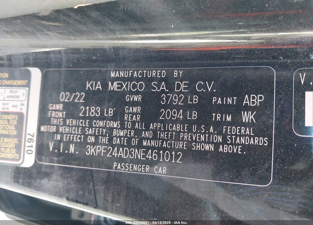 2022 KIA FORTE VIN: 3KPF24AD3NE461012