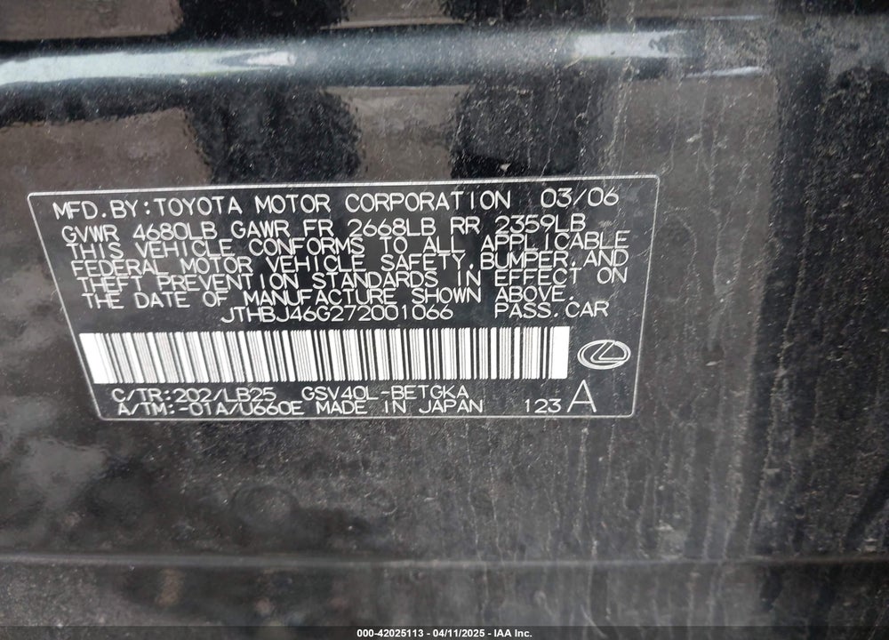 2007 LEXUS ES 350 VIN: JTHBJ46G272001066