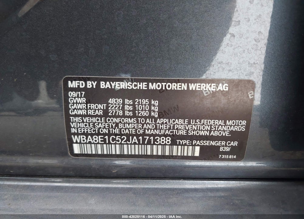 2018 BMW 3 SERIES VIN: WBA8E1C52JA171388