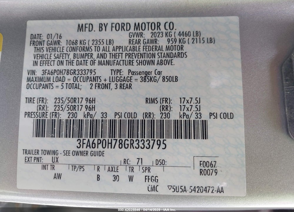 2016 FORD FUSION SE VIN: 3FA6P0H78GR333795
