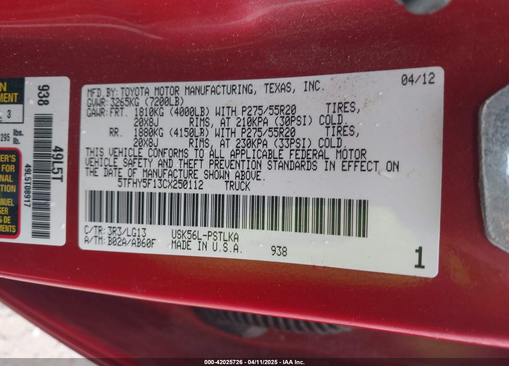 2012 TOYOTA TUNDRA LIMITED 5.7L V8 VIN: 5TFHY5F13CX250112