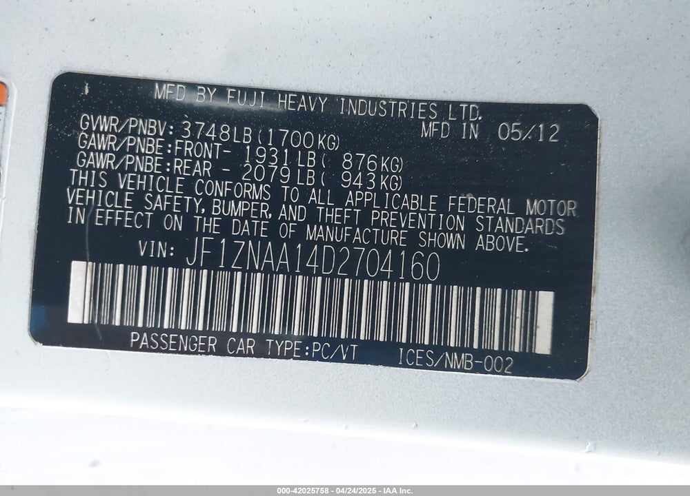 2013 TOYOTA SCION FR-S VIN: JF1ZNAA14D2704160