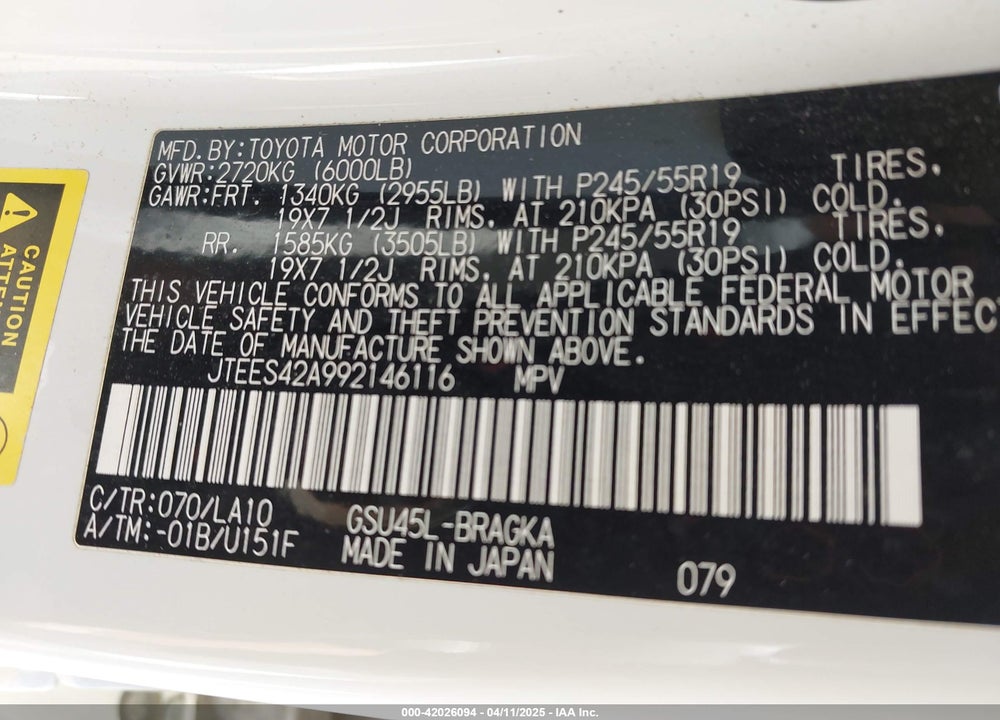 2009 TOYOTA HIGHLANDER LIMITED VIN: JTEES42A992146116