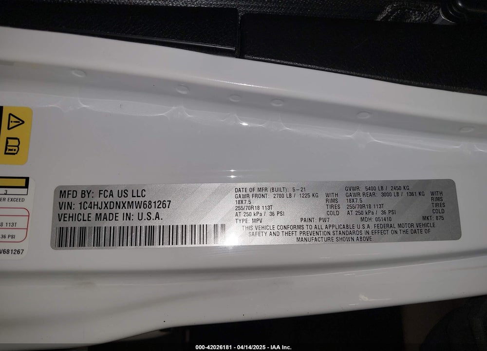 2021 JEEP WRANGLER UNLIMITED VIN: 1C4HJXDNXMW681267