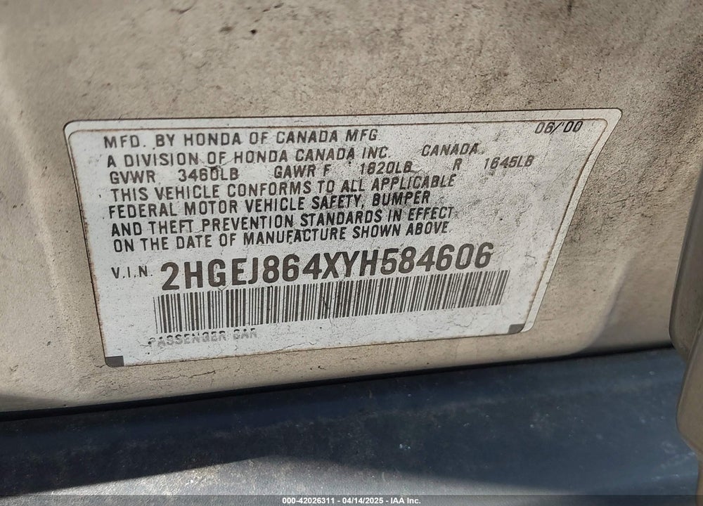 2000 HONDA CIVIC EX VIN: 2HGEJ864XYH584606