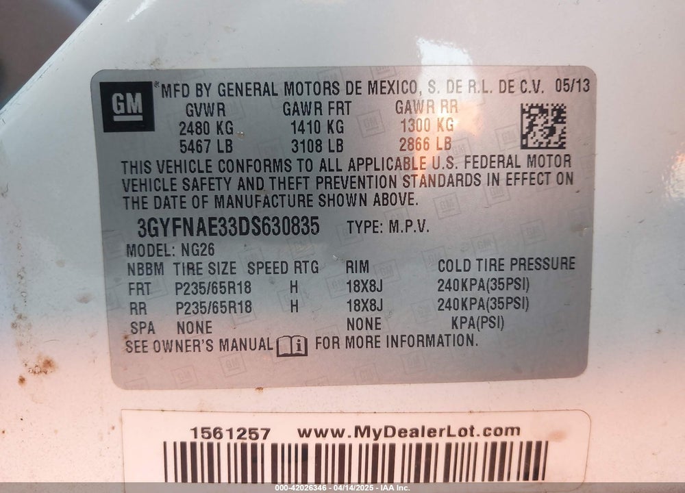 2013 CADILLAC SRX VIN: 3GYFNAE33DS630835