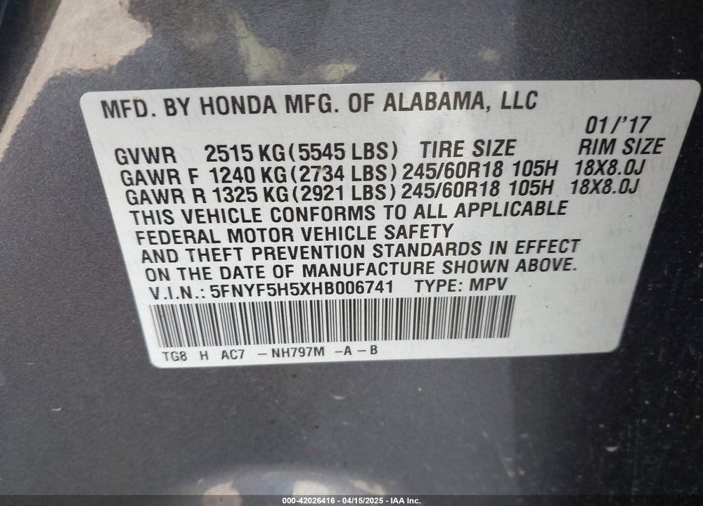 2017 HONDA PILOT VIN: 5FNYF5H5XHB006741