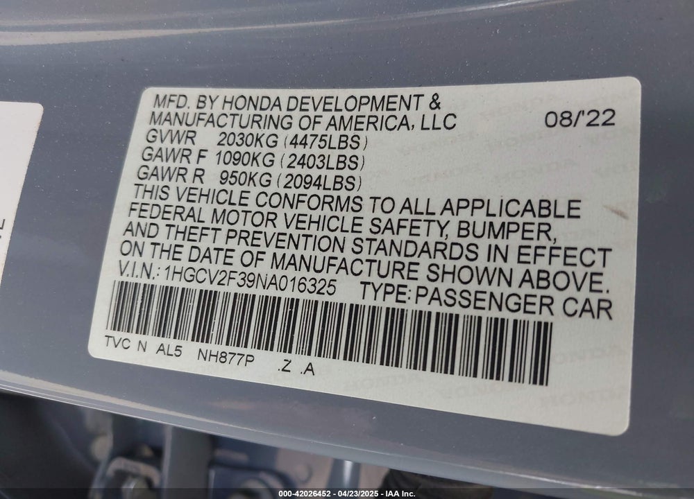 2022 HONDA ACCORD VIN: 1HGCV2F39NA016325