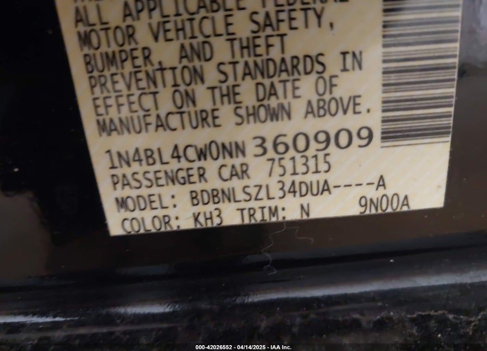 2022 NISSAN ALTIMA VIN: 1N4BL4CW0NN360909