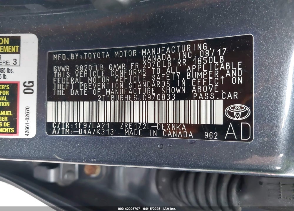 2018 TOYOTA COROLLA XLE VIN: 2T1BURHE6JC970833