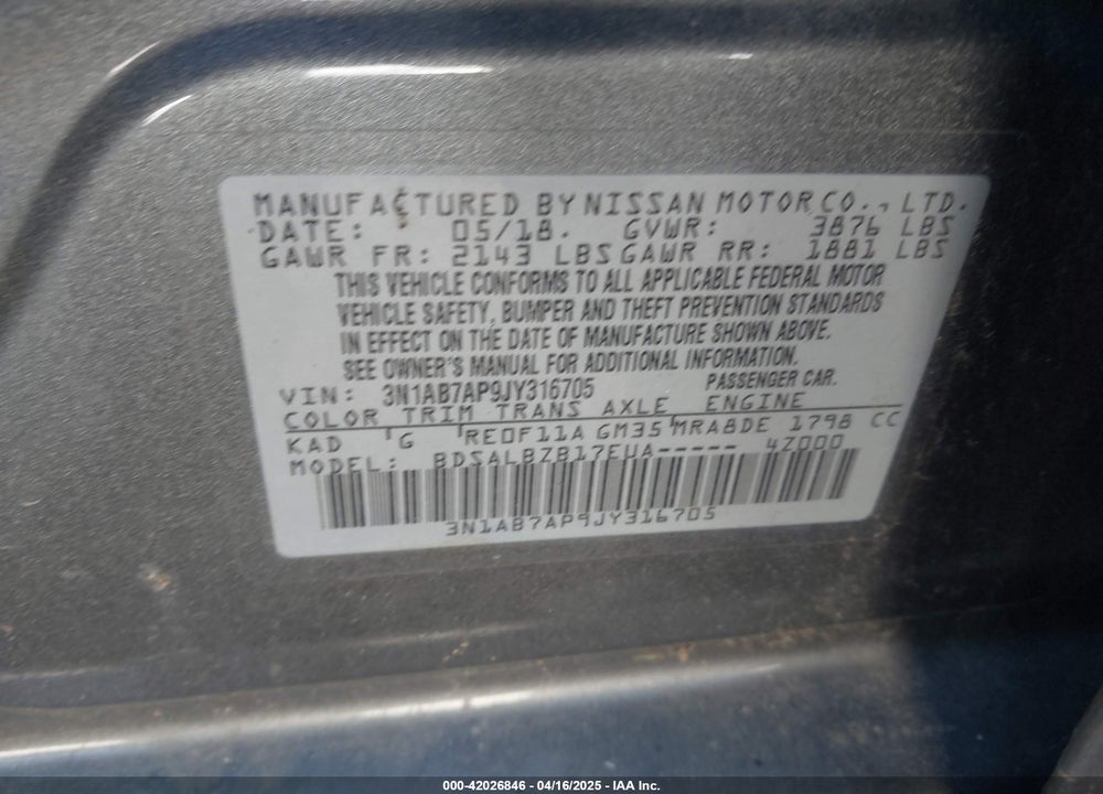 2018 NISSAN SENTRA VIN: 3N1AB7AP9JY316705