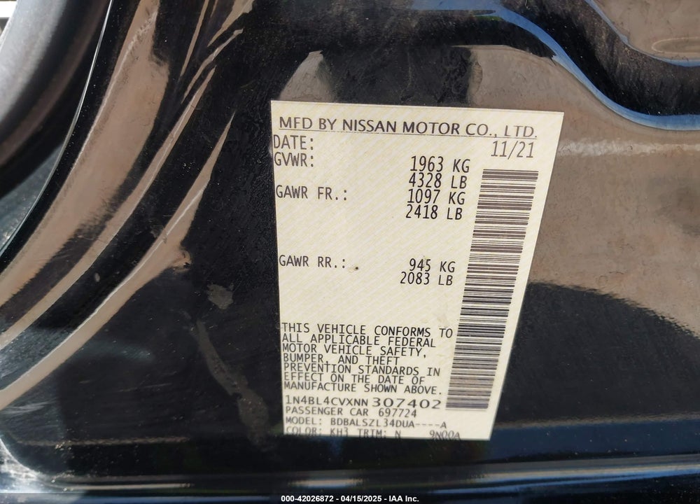 2022 NISSAN ALTIMA VIN: 1N4BL4CVXNN307402