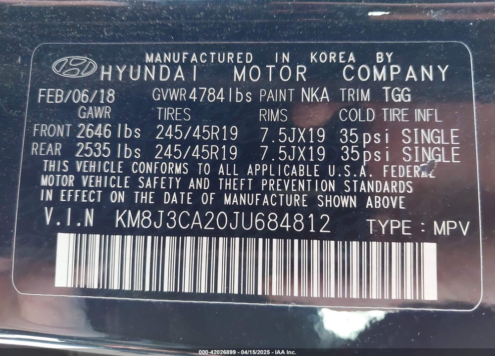 2018 HYUNDAI TUCSON VALUE VIN: KM8J3CA20JU684812