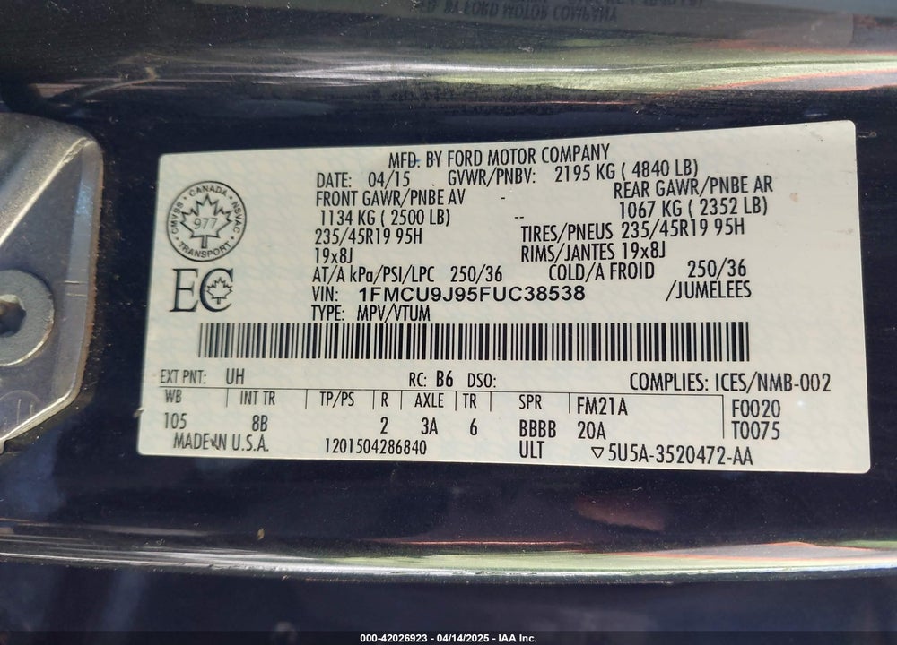 2015 FORD ESCAPE TITANIUM VIN: 1FMCU9J95FUC38538