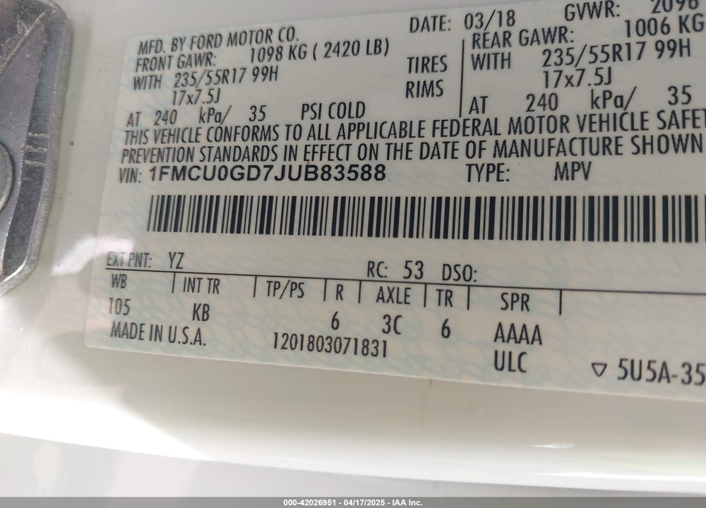 2018 FORD ESCAPE VIN: 1FMCU0GD7JUB83588
