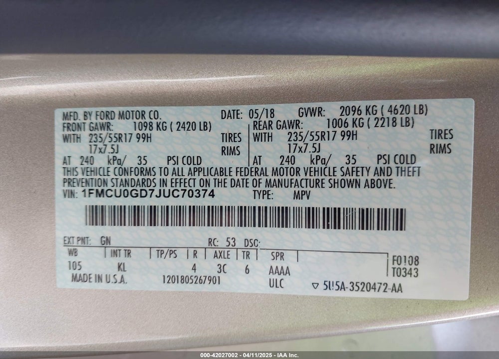 2018 FORD ESCAPE SE VIN: 1FMCU0GD7JUC70374