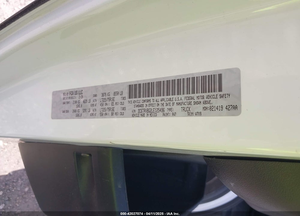 2020 RAM PROMASTER 1500 HIGH ROOF 136 WB VIN: 3C6TRVBG2LE125496