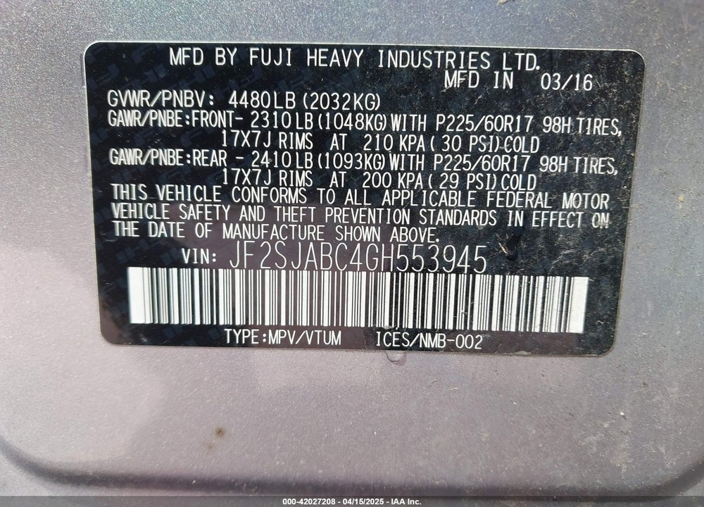 2016 SUBARU FORESTER 2.5I VIN: JF2SJABC4GH553945
