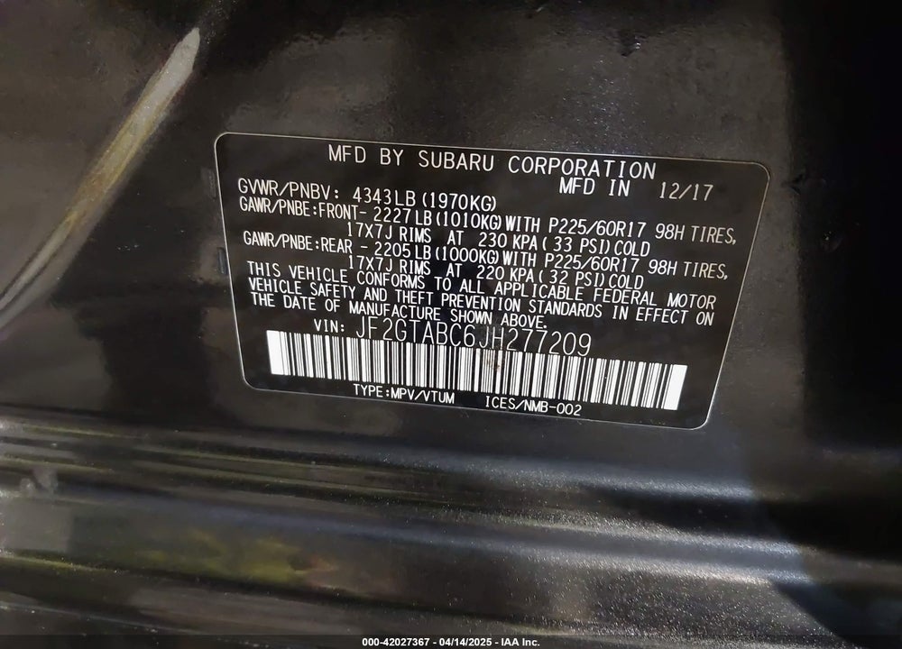 2018 SUBARU CROSSTREK VIN: JF2GTABC6JH277209