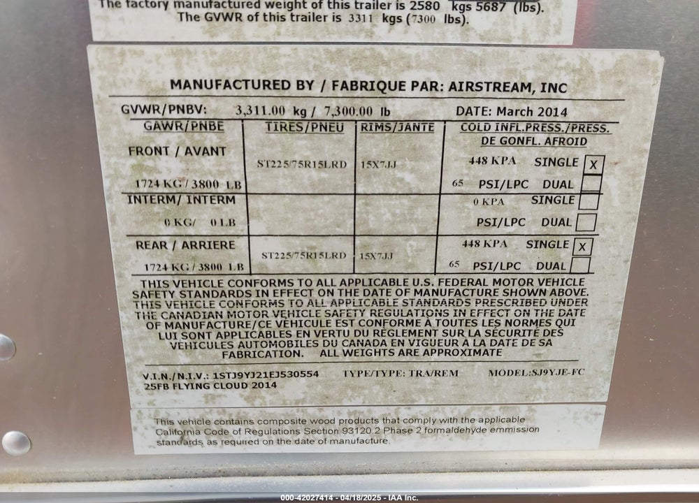 2014 AIRSTREAM FLYING CLOUD 25FB SJ9YJE-FC VIN: 1STJ9YJ21EJ530554