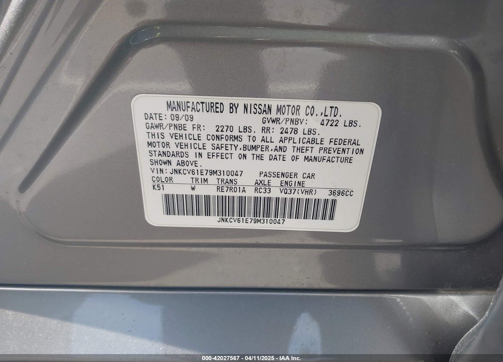 2009 INFINITI G37 VIN: JNKCV61E79M310047