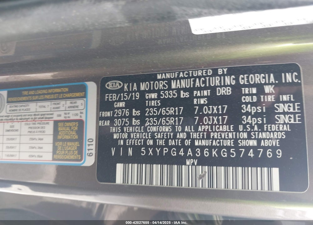 2019 KIA SORENTO 2.4L LX VIN: 5XYPG4A36KG574769