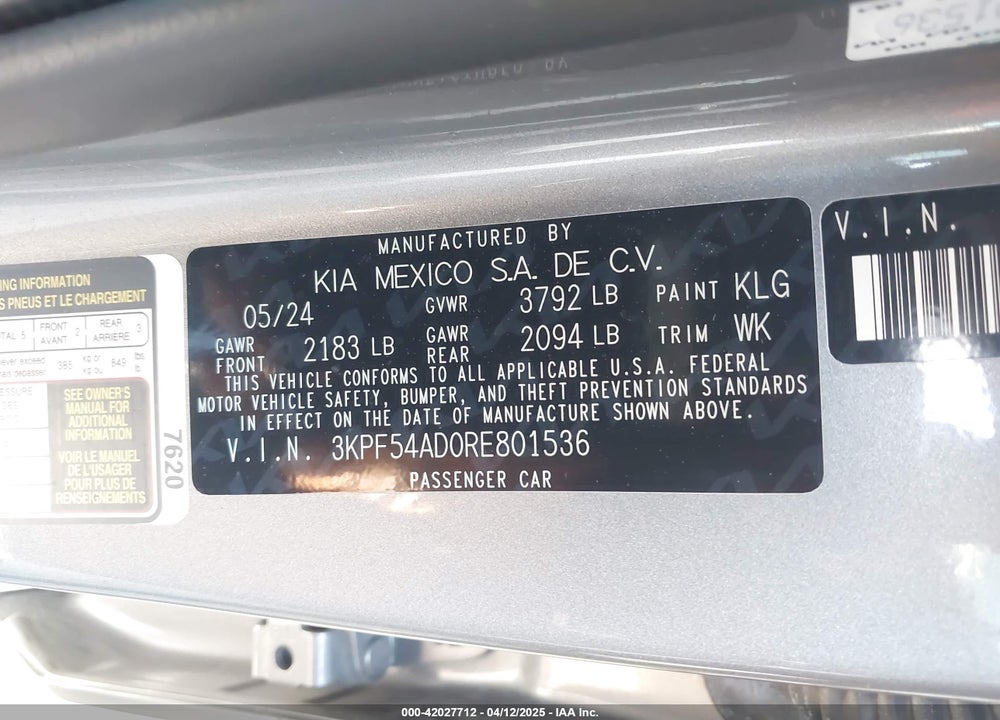 2024 KIA FORTE VIN: 3KPF54AD0RE801536