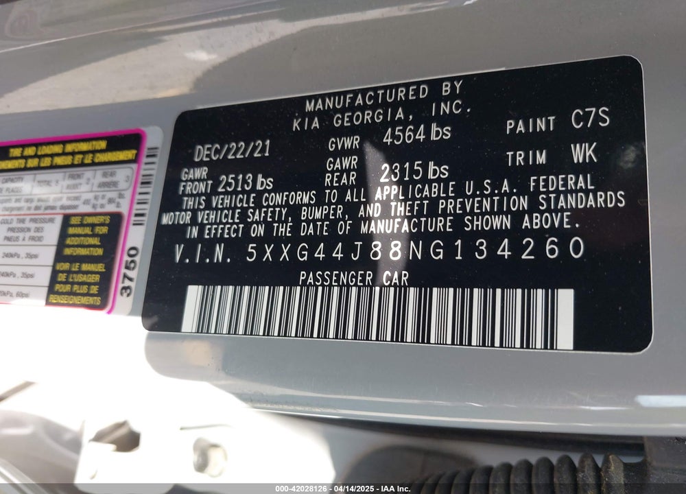 2022 KIA K5 GT VIN: 5XXG44J88NG134260