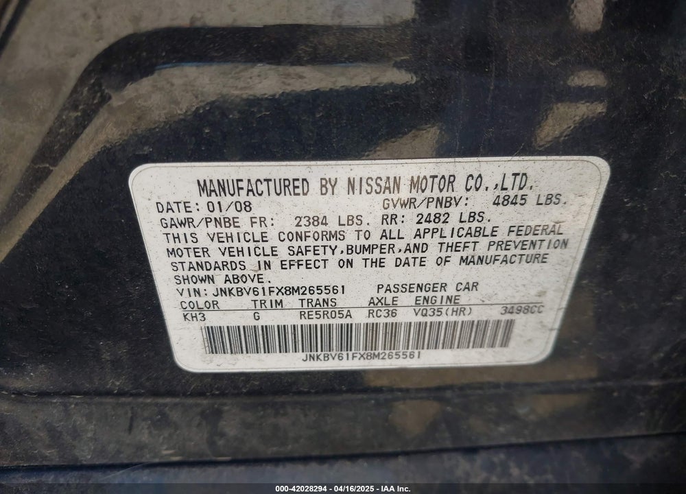 2008 INFINITI G35X VIN: JNKBV61FX8M265561