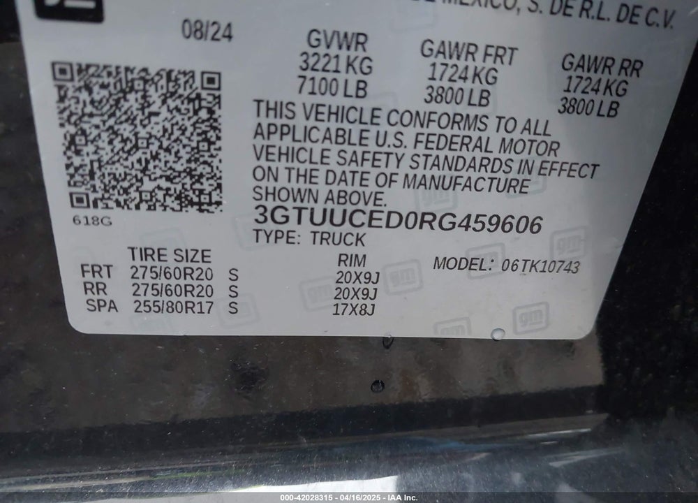 2024 GMC SIERRA 1500 VIN: 3GTUUCED0RG459606
