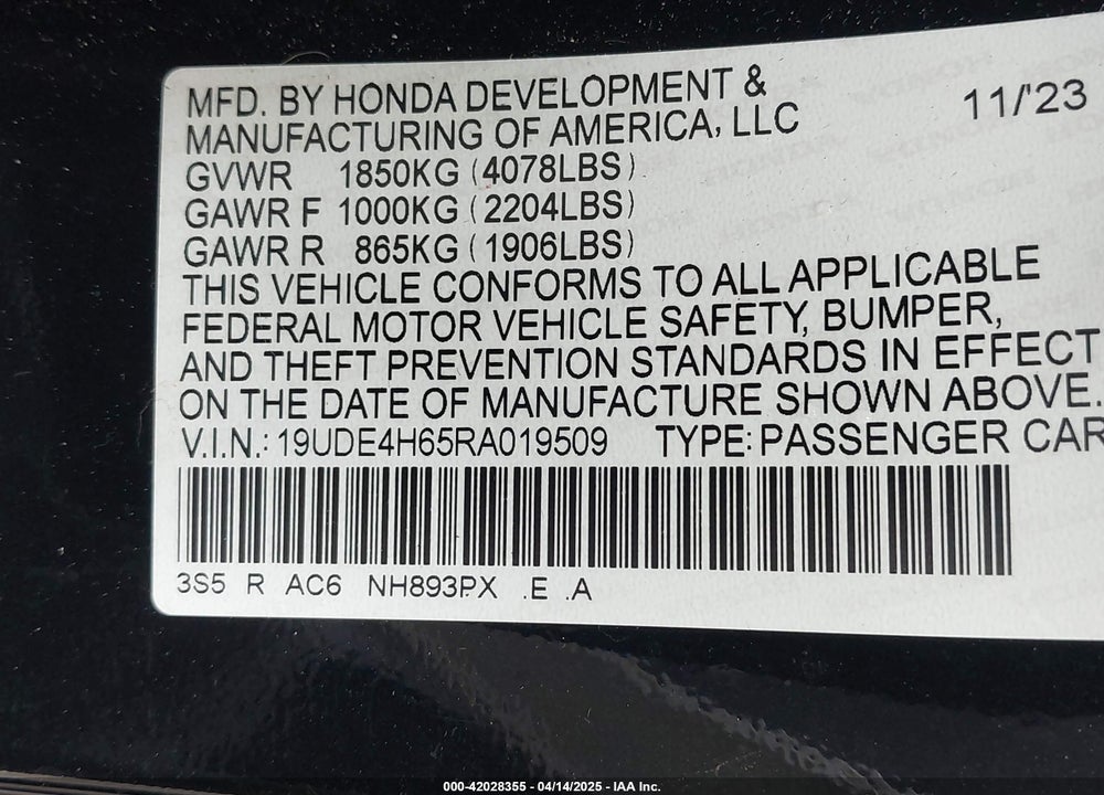 2024 ACURA INTEGRA VIN: 19UDE4H65RA019509
